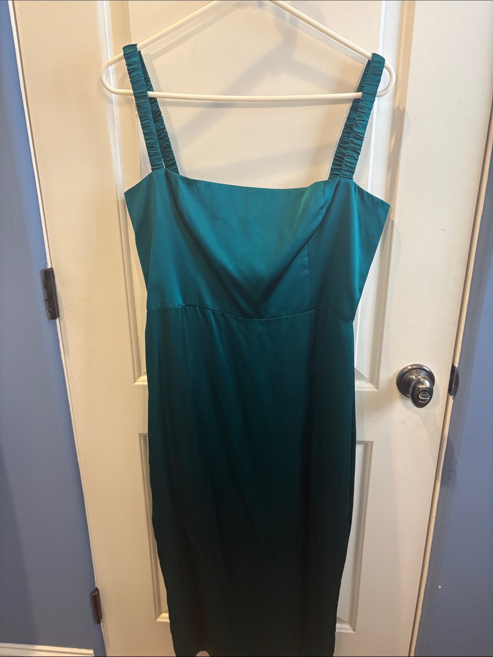 Amanda Uprichard Teal Ruched-Strap Midi Dress